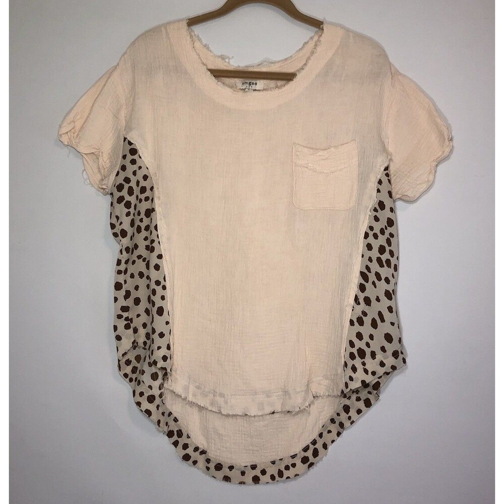 Umgee Gauze Animal Print Poly Contrast Trim Pullover S/S Blouse Sz L EUC